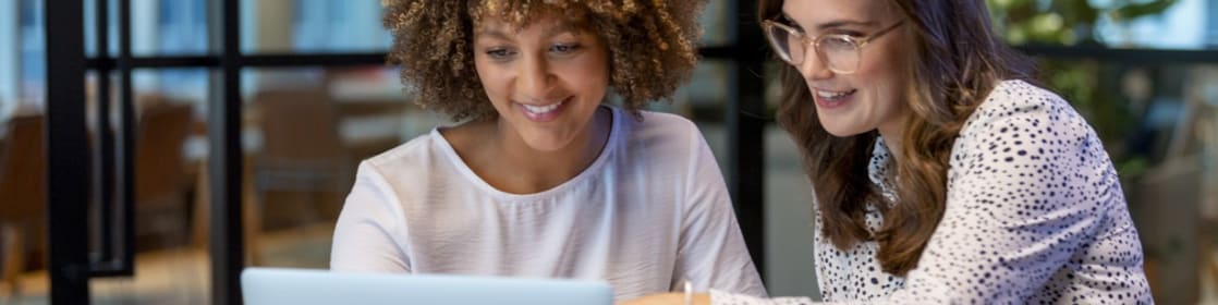 Two women discussing while looking at a laptop