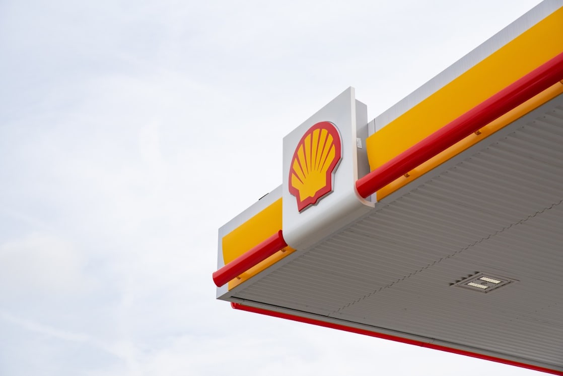 Shell Pecten on refueling station, Derby, UK, 2018