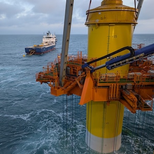 Close-up of the installation of the first monopile of Hollandse Kust West (Ecowende)
