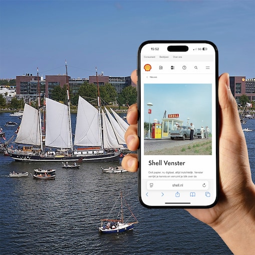 Shell Venster op de mobiel, met Sail 2025 en de ETCA op de achtergrond
