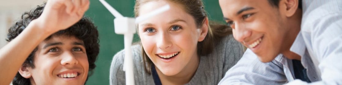 Students and a wind turbine