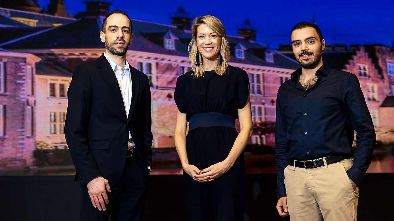 Shell NL Society Impact Manager Anne Schreuder, and new Refugee IT Talents Ali and Khaled, October 2022