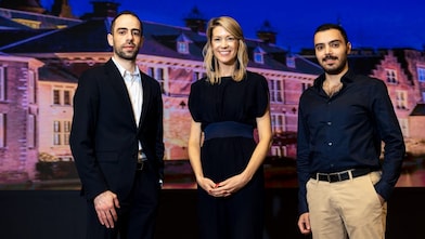 Shell NL Society Impact Manager Anne Schreuder, and new Refugee IT Talents Ali and Khaled, October 2022