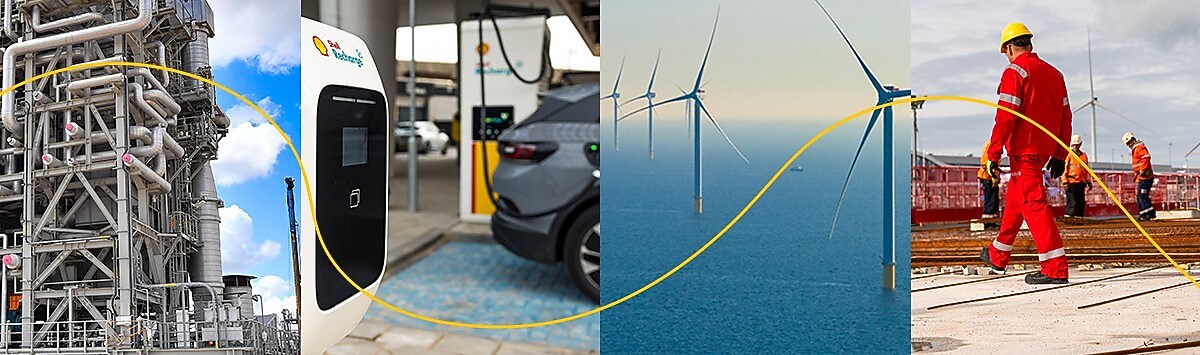 Banner van vier beelden: biobrandstoffenfabriek, elektrisch laden, windpark op zee, constructie Holland Hydrogen 1