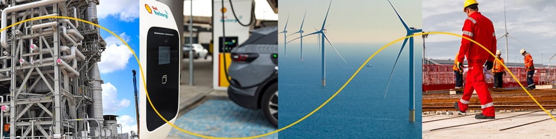 Banner van vier beelden: biobrandstoffenfabriek, elektrisch laden, windpark op zee, constructie Holland Hydrogen 1