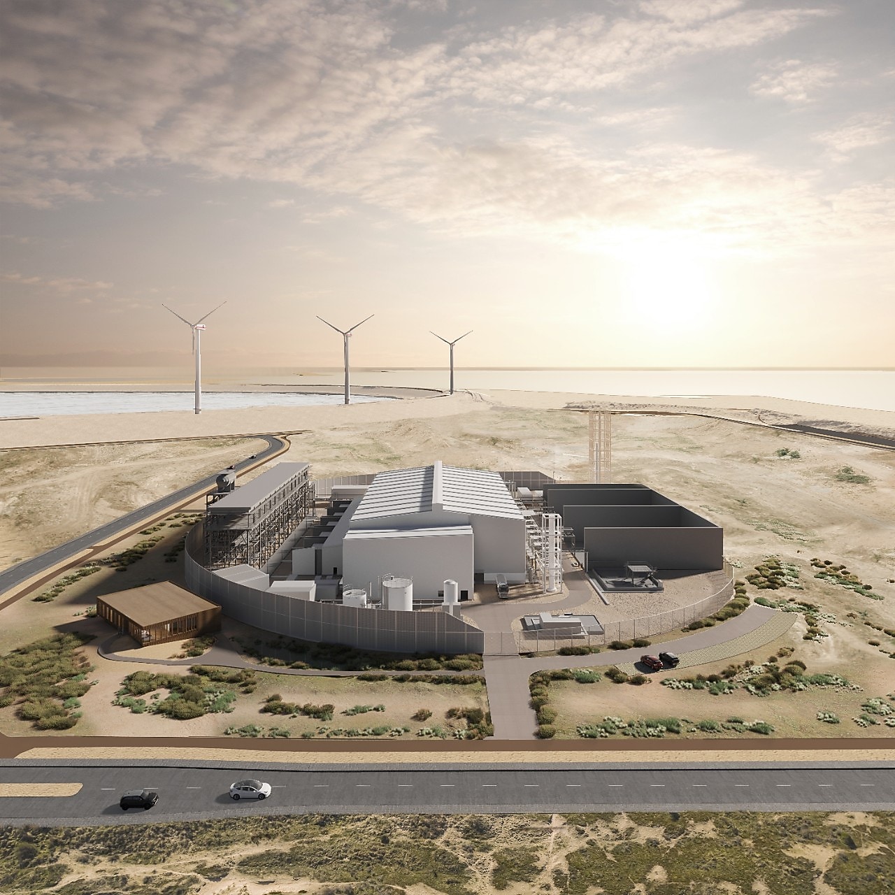 Waterstof. Computer rendering van de Holland Hydrogen 1 op de Tweede Maasvlakte. Creditvermelding "Plotvis" verplicht bij publicatie. Beeld mag alleen voor redactionele doeleinden worden gebruikt.