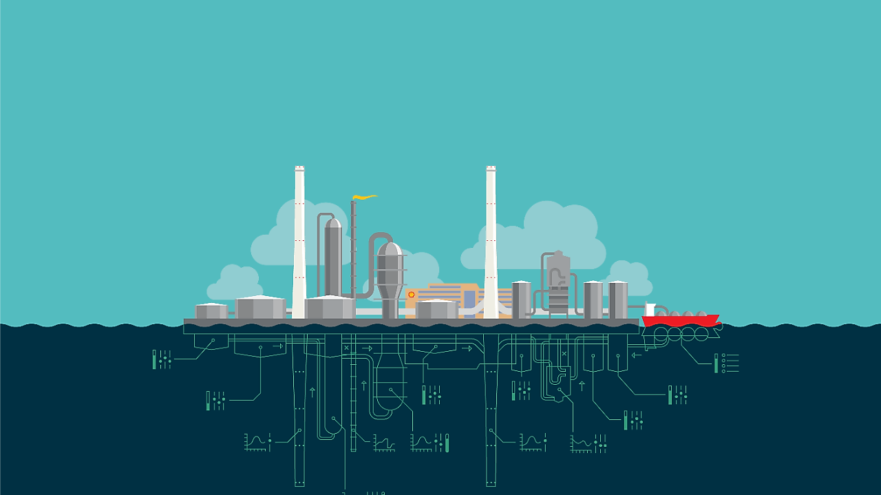 Digital twin grafische weergave van een productiesite op de horzion en een digitaal netwerk onder de horizon (Beeld: Dirk Jan Pino)