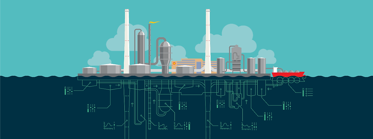 Digital twin grafische weergave van een productiesite op de horzion en een digitaal netwerk onder de horizon (Beeld: Dirk Jan Pino)