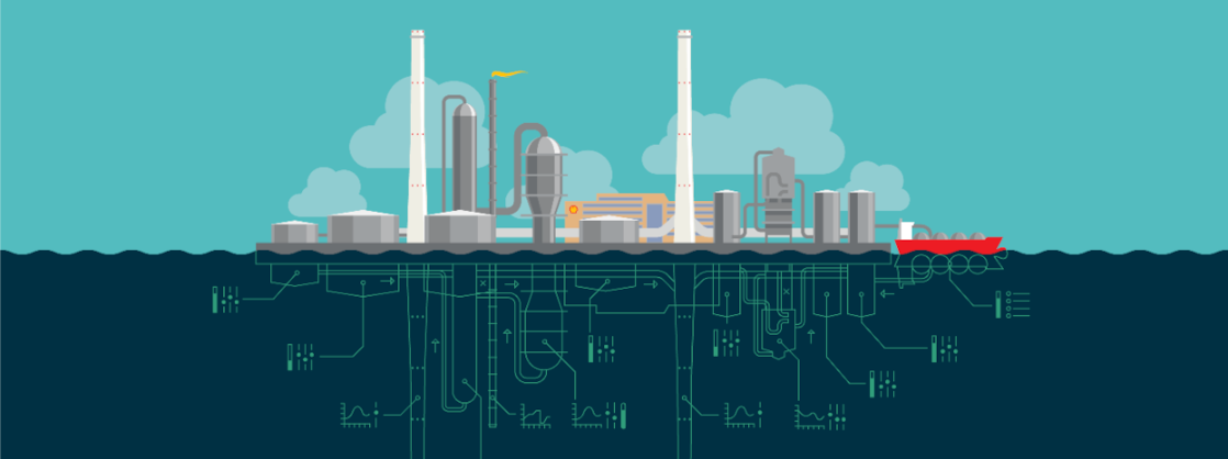 Digital twin grafische weergave van een productiesite op de horzion en een digitaal netwerk onder de horizon (Beeld: Dirk Jan Pino)