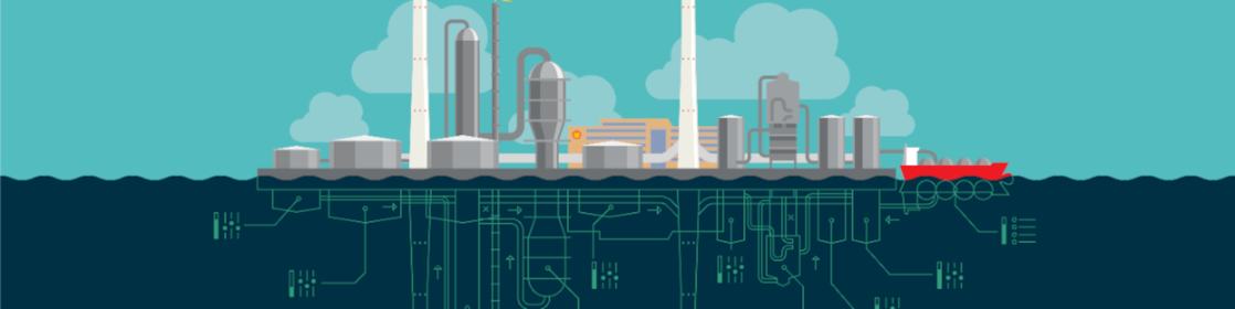 Digital twin grafische weergave van een productiesite op de horzion en een digitaal netwerk onder de horizon (Beeld: Dirk Jan Pino)