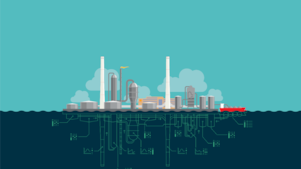 Digital twin grafische weergave van een productiesite op de horzion en een digitaal netwerk onder de horizon (Beeld: Dirk Jan Pino)