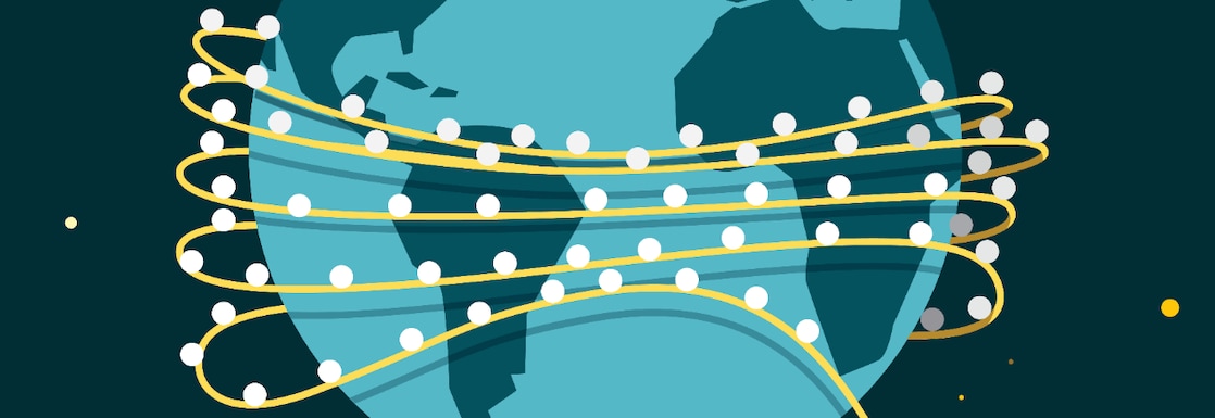 Animatie van lampjes die ter hoogte van de evenaar over de wereldbol zijn getrokken