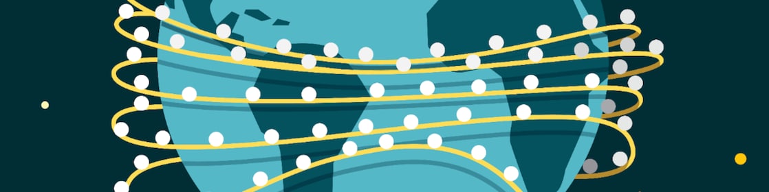 Animatie van lampjes die ter hoogte van de evenaar over de wereldbol zijn getrokken