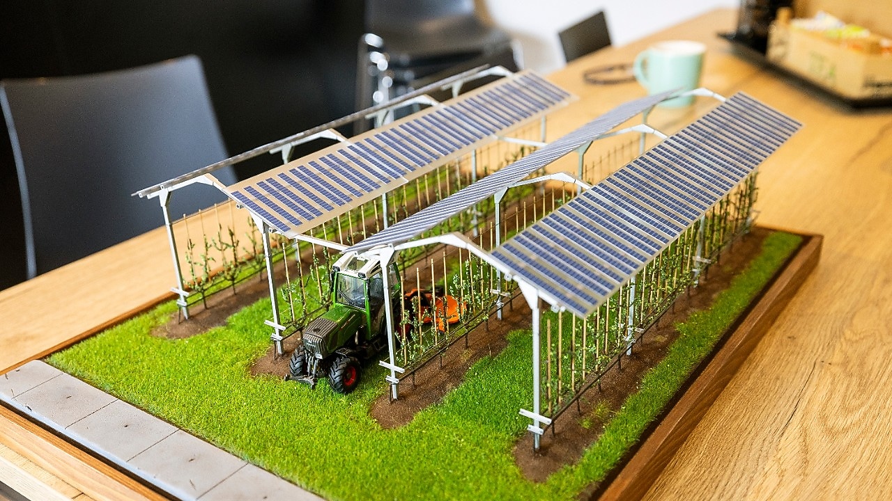 Vanuit het aanpalende boerenwoonhuis haalt hij een maquette van het zonnepanelenproject tevoorschijn. Een van zijn zaterdagkrachten heeft deze gemaakt, een scholier nog, met hulp van 3D-printer. De teler uit Papendrecht is ermee in zijn nopjes. “Die kan ik meenemen naar beurzen. Je kunt erover vertellen, maar mensen moeten het zien om te geloven.”