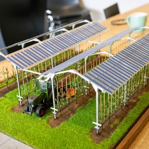 Vanuit het aanpalende boerenwoonhuis haalt hij een maquette van het zonnepanelenproject tevoorschijn. Een van zijn zaterdagkrachten heeft deze gemaakt, een scholier nog, met hulp van 3D-printer. De teler uit Papendrecht is ermee in zijn nopjes. “Die kan ik meenemen naar beurzen. Je kunt erover vertellen, maar mensen moeten het zien om te geloven.”
