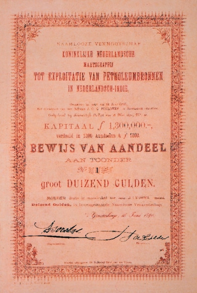 Een aandeel van het Nederlandse begin van Shell, uit 1890