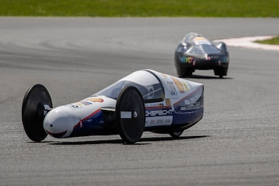 Two prototypes in the final curve before the finish line, Shell Eco-marathon, Southern Poland, June 2025 (Photo: Marcel Burger)