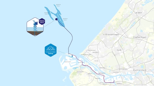 Kaart van Porthos-pijpleiding en locatie van ondergrondse opslag onder de Noordzee (Beeld: Porthos CO2)