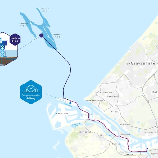 Kaart van Porthos-pijpleiding en locatie van ondergrondse opslag onder de Noordzee (Beeld: Porthos CO2)