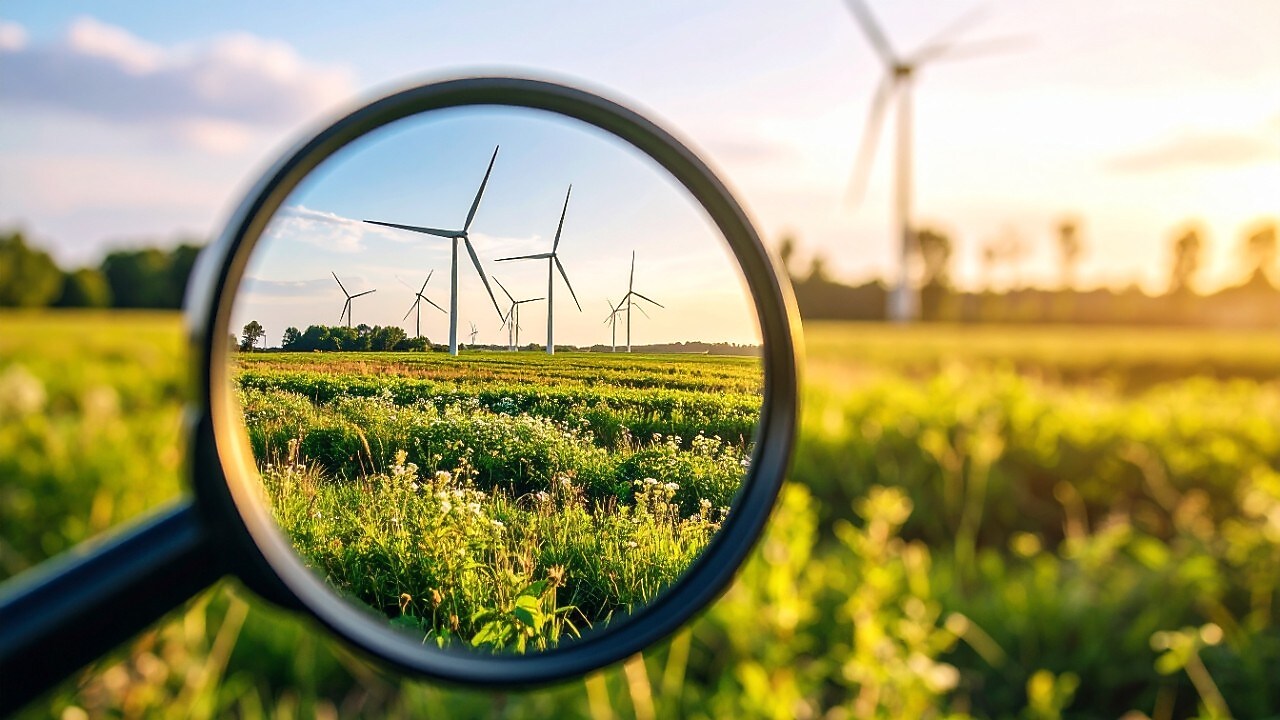 Een vergrootglas met een Nederlands landschap met windmolens (AI-gegenereerd beeld met Adobe Firefly)