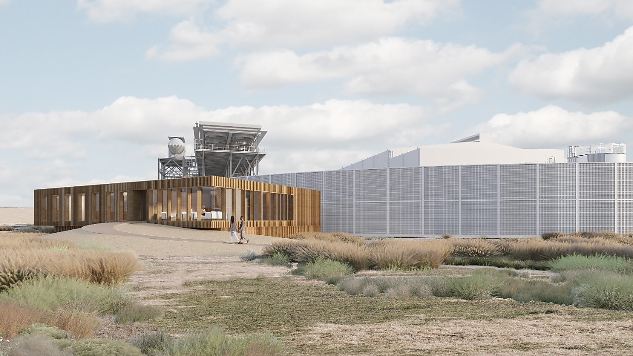 Computer rendering van het bezoekerscentrum van de Holland Hydrogen 1 (Beeld: Plotvis)