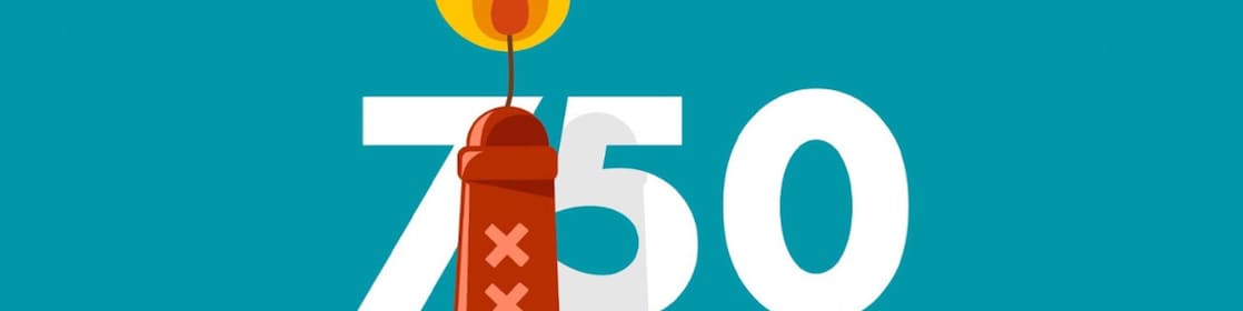 Het getal 750 met een kaarsje gemaakt van een Amsterdammertje (Beeld: Jelle Hoogendam)