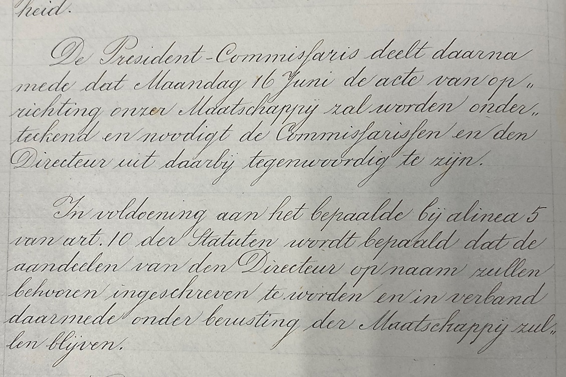 Oprichtingsdocument van het begin van Shell in Nederland op 16 juni 1890 (Foto: Shell Historical Archive & Heritage)