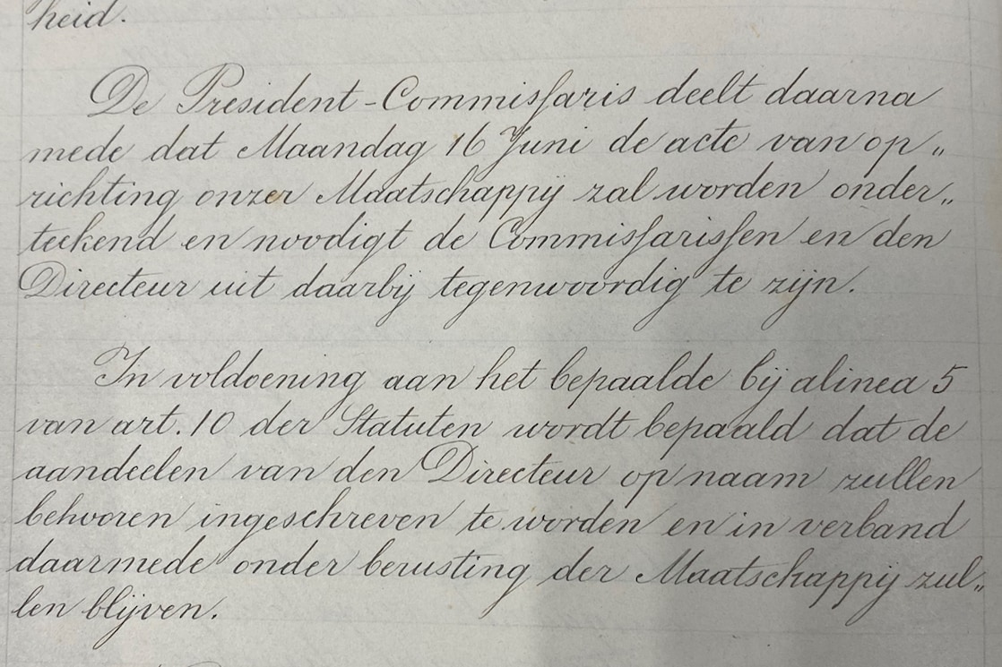 Oprichtingsdocument van het begin van Shell in Nederland op 16 juni 1890 (Foto: Shell Historical Archive & Heritage)