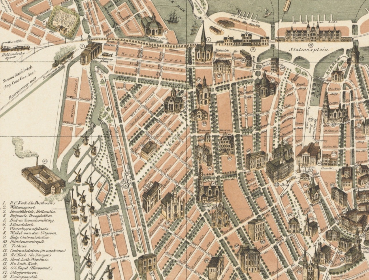 Plattegrond van Amsterdam 1886-1887 met alle genoemde locaties (Stadsarchief Amsterdam)