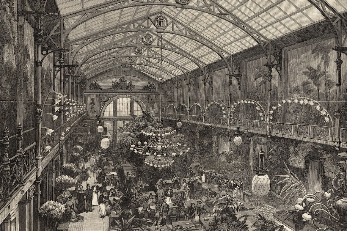 De wintertuin van Café Krasnapolsky, naar een aquarel van HH. Ch. Rochussen en P.A. Schipperus (Foto: Stadsarchief Amsterdam)