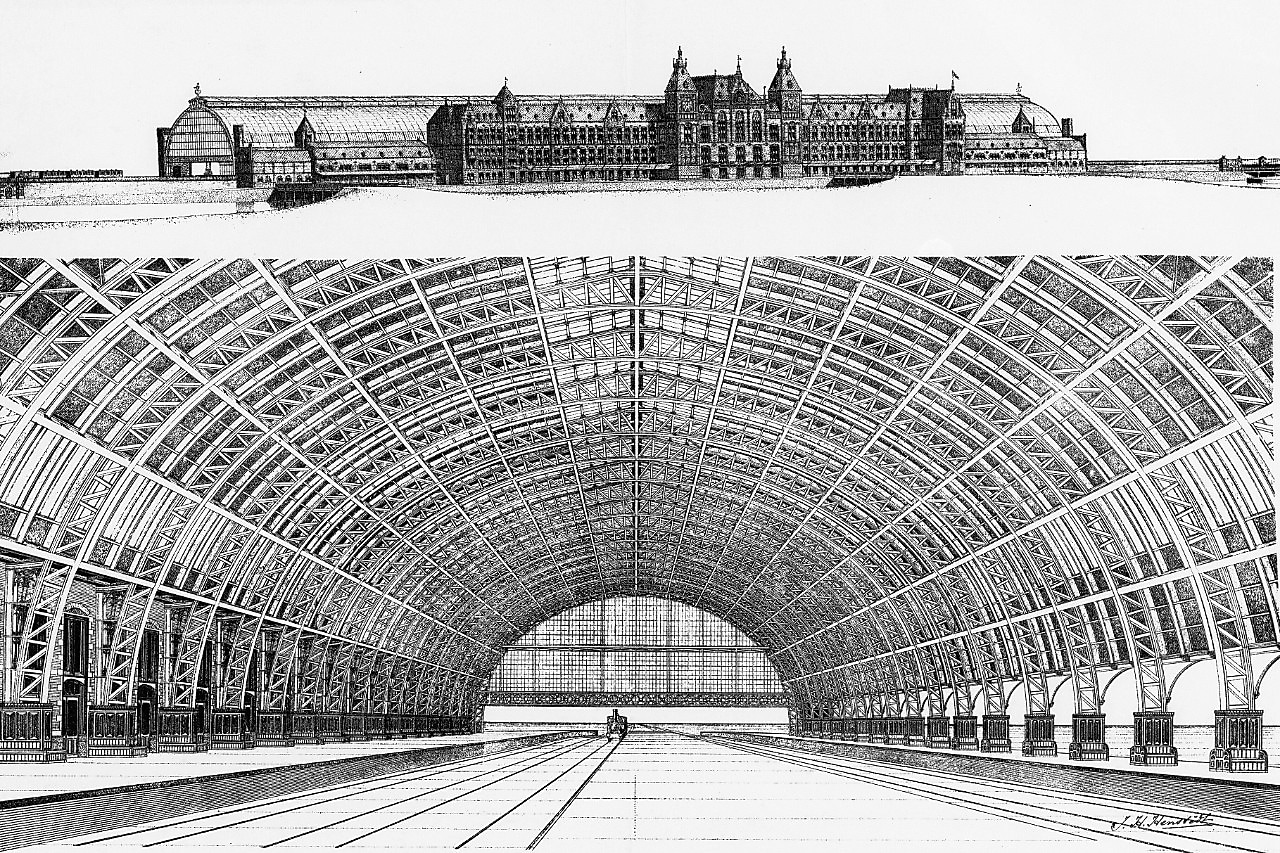 Tekening van de overkapping van het Centraal Personenstation te Amsterdam, bijvoegsel van het Bouwkundig Weekblad, Uitgave van de Erven H. van Munster & Zoon, Amsterdam (Foto: Stadsarchief Amsterdam)