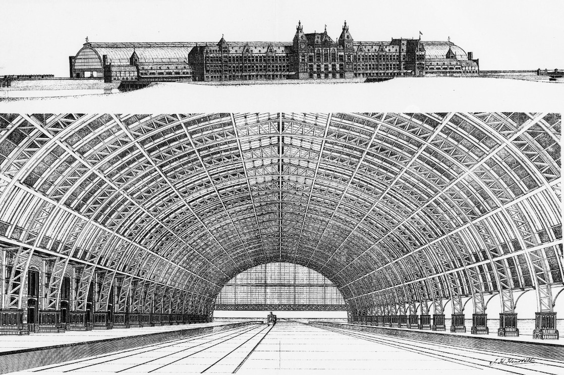 Tekening van de overkapping van het Centraal Personenstation te Amsterdam, bijvoegsel van het Bouwkundig Weekblad, Uitgave van de Erven H. van Munster & Zoon, Amsterdam (Foto: Stadsarchief Amsterdam)