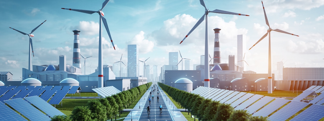 Een futuristisch beeld van fabrieken, windturbines, zonnepanelen en opslag in een landschap met fietsers op weg van/naar het werk (AI-gegenereerd beeld met Adobe Firefly)