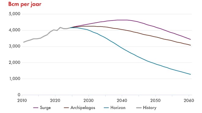 Grafiek 1: (Aard)gasverbruik in miljarden kubieke meter (BCM) per jaar