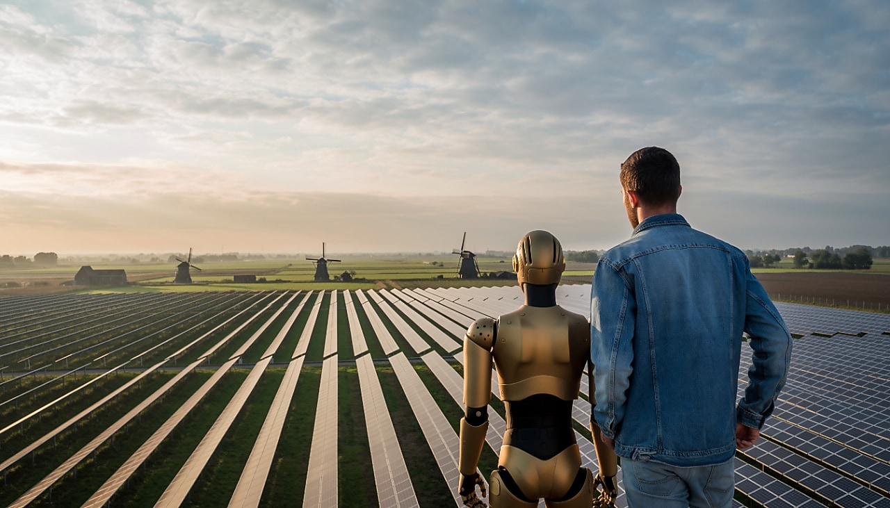Misschien gaat dit beeld van een robot en een man die samen uitkijken over een zonnepark in een typisch Nederlands landschap wat ver, maar kunstmatige intelligentie en digitalisatie zijn zekere trends in de energiesector. (Foto: AI-gegenereerd met Adobe Firefly)