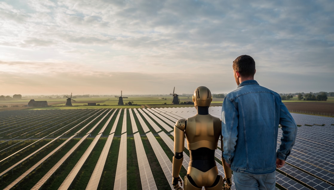 Misschien gaat dit beeld van een robot en een man die samen uitkijken over een zonnepark in een typisch Nederlands landschap wat ver, maar kunstmatige intelligentie en digitalisatie zijn zekere trends in de energiesector. (Foto: AI-gegenereerd met Adobe Firefly)