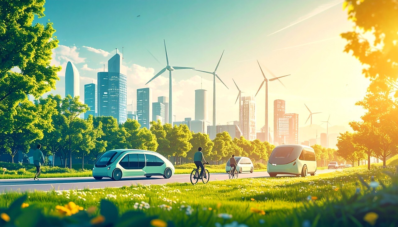 Met Adobe Firefly AI-gegenereerd beeld van een stad in 2040