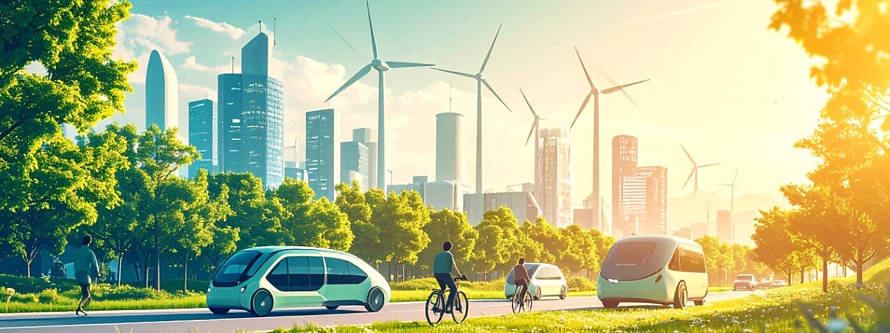 AI generated image with Adobe Firefly of a futuristic city with self-driving vehicles, bicycles, wind turbines, high rises and a green zone.