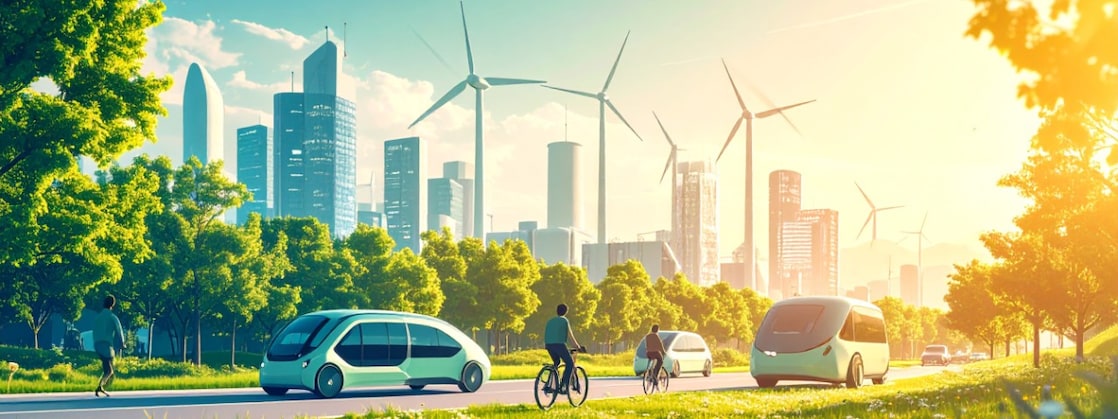 AI generated image with Adobe Firefly of a futuristic city with self-driving vehicles, bicycles, wind turbines, high rises and a green zone.