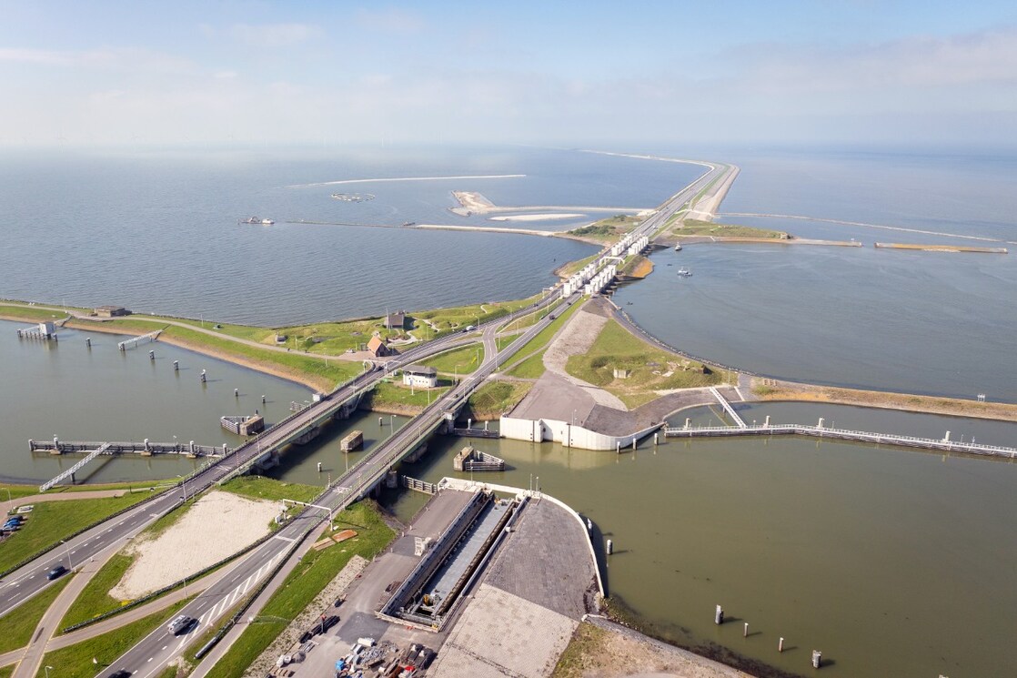 The Afsluitdijk in the North of Netherlands, constructed between 1927 and 1932 to close of the Zuiderzee sea, was the culmination of a plan first conceived by the engineer Cornelis Lely in 1891. Lely and his Zuiderzee Works served as a major source of inspiration for Herman Sörgel and his far more ambitious plans for the Mediterranean Sea. This photograph shows the Afsluitdijk near Kornwerderzand in April 2025. (Photo: ANP / Hollandse Hoogte / CAMJO media / Jaring Rispens)