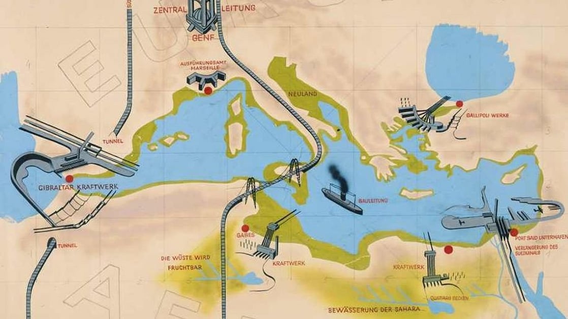The 1932 plan for the Mediterranean envisioned vast hydroelectric power stations and dams at Gibraltar and Port Said in Egypt, a rail tunnel linking Spain and Morocco, and a rail bridge connecting mainland Italy and Sicily with Tunisia. It also included major hydroelectric schemes at the Dardanelles in Turkey, in Tunisia, and on the border between Libya and Egypt. The project’s administrative centre was to be based in Geneva, with an executive office in Marseille. Most of the Adriatic Sea would have dried up, creating extensive areas of “new land”, while large stretches of coastline in Greece, Turkey, France, Spain and North Africa would have been transformed. Sardinia and Corsica would effectively have merged into a single island. The plan represented one of the most ambitious engineering visions ever conceived: a complete reshaping of the Mediterranean basin to generate power, create new agricultural land and forge physical links between Europe and Africa.