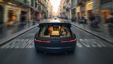 Een auto in een Europese stad, iedereen aan boord speelt een gezelschapssspel (AI-gegenereerd beeld met Adobe Firefly)