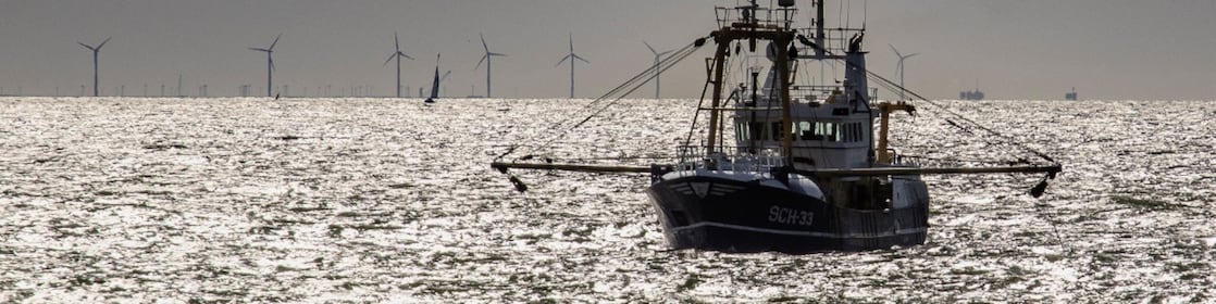 Een vissersboot bij Vlissingen bij ondergaande zon, met windturbines op de horizon (Foto: Marcel Burger)
