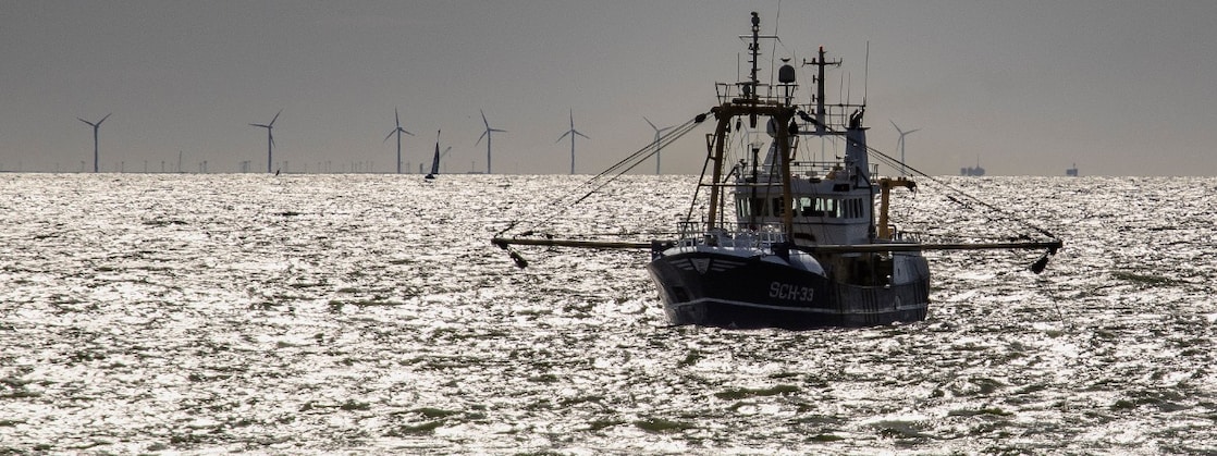 A fishing boat near Vlissingen (Flusing), the Netherlands, close to sunset. On the horizon a row of wind turbines stand tall (Photo: Marcel Burger)
