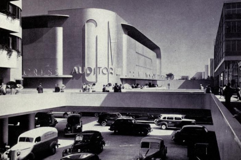 Futurama, zelfrijdende auto's in een stadsmilieu (Foto: Norman Bell Geddes)