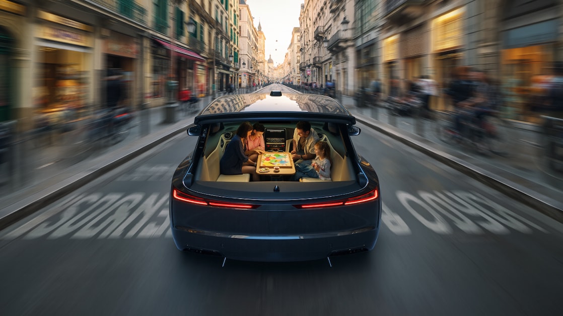 Is this the near future of family time? Playing a board game inside your luxury car, while going from A to B. AI reckons this is a possibility. (Generated with Adobe Firefly)