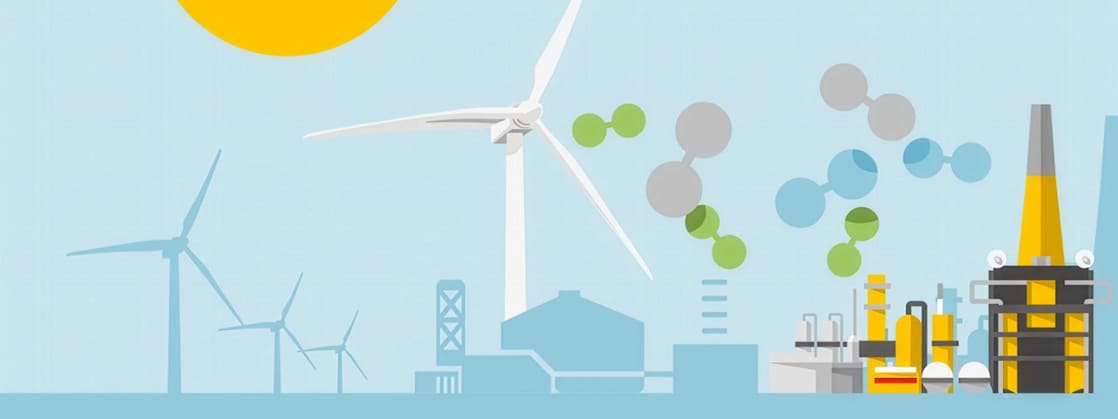Graphical illustration showing a sun, wind turbines, a renewable hydrogen plant and a refinery (Image: Jelle Hoogendam)