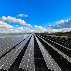 Solar farm Moerdijk, commissioned in 2019, with at the horizon the then skyline of the chemical complex (Photo: Ernst Bode)