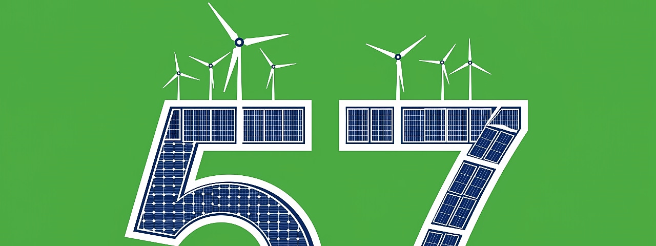 Het getal 57 gemaakt van zonnepanelen en windturbines (AI-gegenereerd met Adobe Firefly)