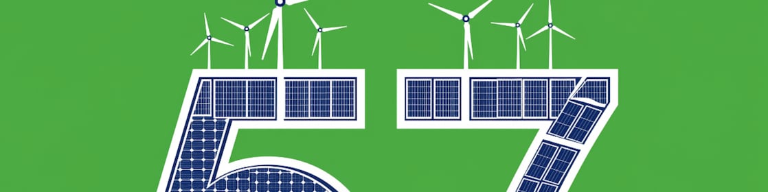 Het getal 57 gemaakt van zonnepanelen en windturbines (AI-gegenereerd met Adobe Firefly)